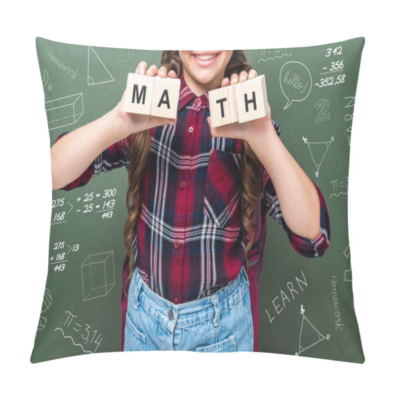 Personality  Cropped Image Of Schoolchild Holding Wooden Cubes With Word Math Near Blackboard With Mathematics Symbols Pillow Covers