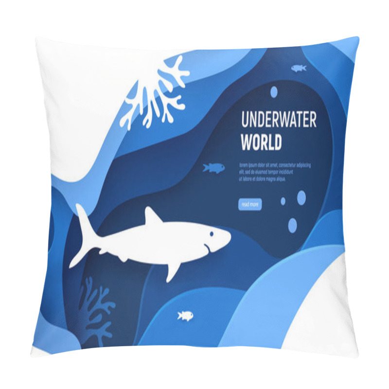 Personality  Underwater World Page Template. Paper Art Underwater World Concept With Shark Silhouette. Paper Cut Sea Background With Shark, Waves, Fish And Coral Reefs. Craft Vector Illustration Pillow Covers