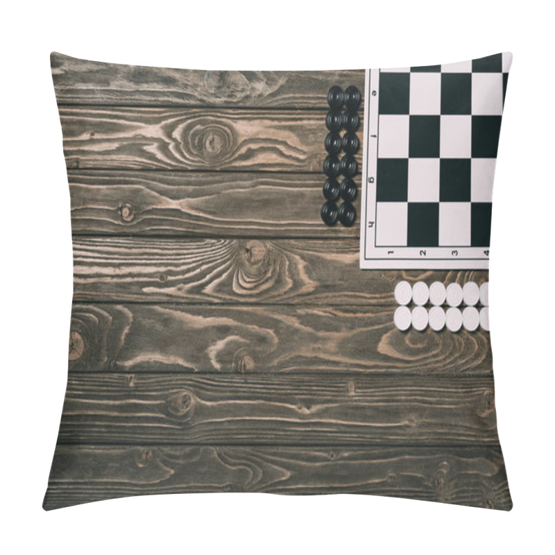 Personality  Top View Of Checkers Beside Checkerboard On Wooden Background With Copy Space Pillow Covers