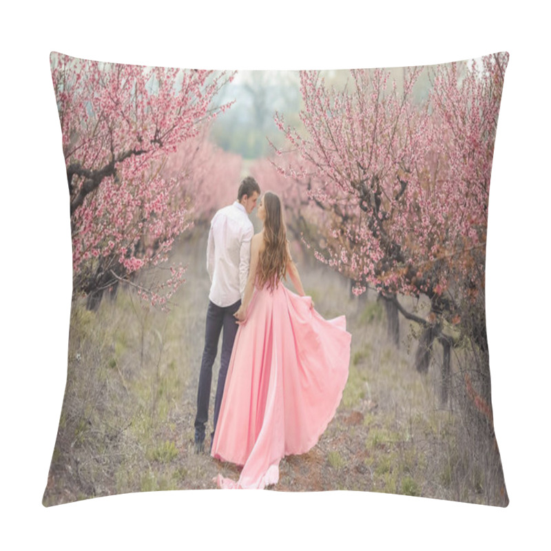 Personality  A Bridegroom In A Blooming Garden. Woman In A Long Pink Dress. Pillow Covers