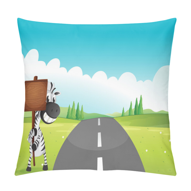 Personality  A Zebra Holding An Empty Wooden Signboard Along The Road Pillow Covers