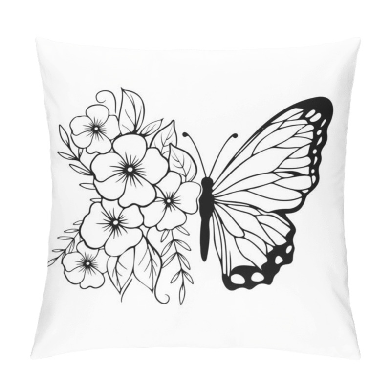 Personality  Butterfly Black Silhouette With Flowers, Outline. Vector Stock Illustration. Pillow Covers