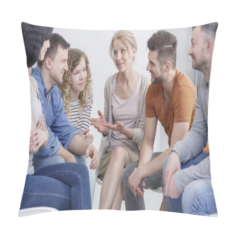 Personality  Smiling Caucasian People Brainstorming Pillow Covers