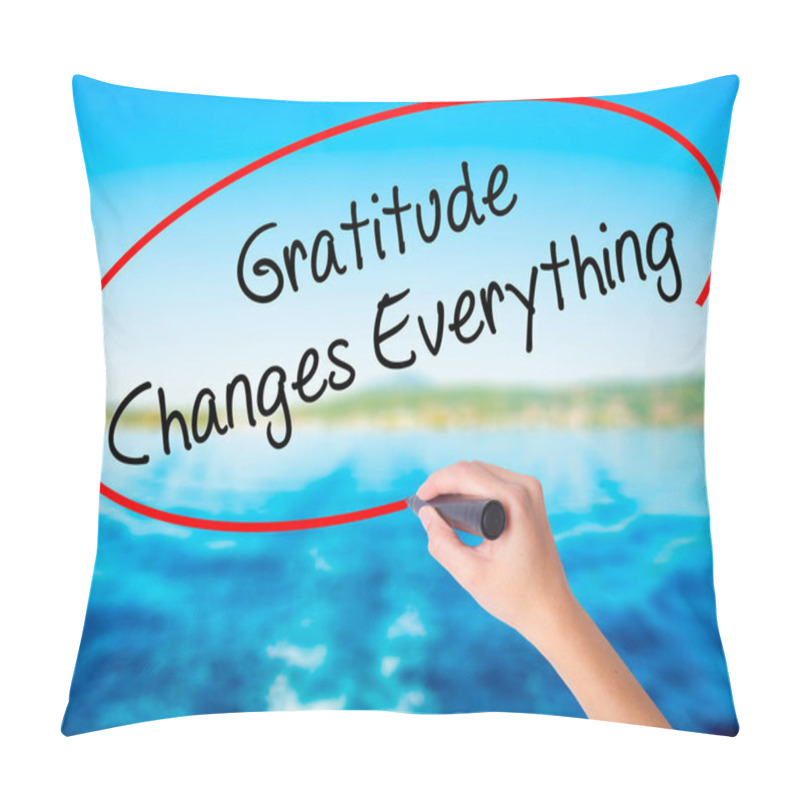 Personality  Woman Hand Writing Gratitude Changes Everything With A Marker Ov Pillow Covers