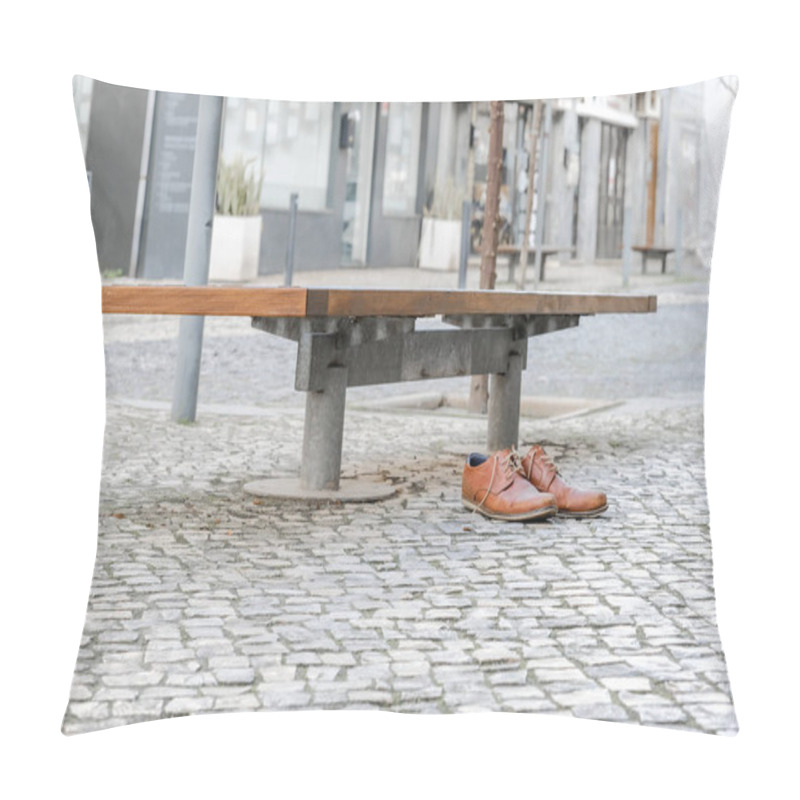 Personality  Brown Leather Shoes On A Cobblestone Pavement Next To A Bench In An Urban Setting. Pillow Covers