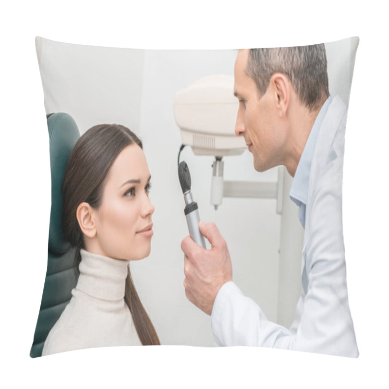 Personality  Side View Of Patient Getting Eye Test By Oculist In Clinic Pillow Covers