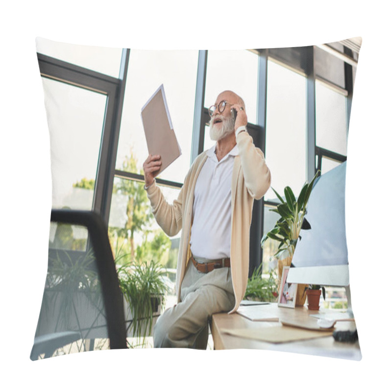 Personality  A Polished Senior Executive Leads A Call, Demonstrating Style And Leadership In A Modern Workspace. Pillow Covers