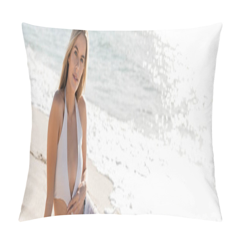 Personality  A Young Blonde Woman Exudes Serenity In A White Bikini On Sunny Miami Beach, Embodying Relaxation And Natural Beauty. Pillow Covers