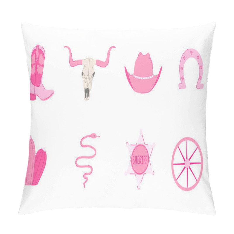 Personality  A Set Of Pink Cowboy Western Design Elements. Wild West Concept. Boots, Skull, Hat, Sheriff Badge, Snake, Cactus, Horseshoe. Colorful Cowgirl Collection. Pillow Covers