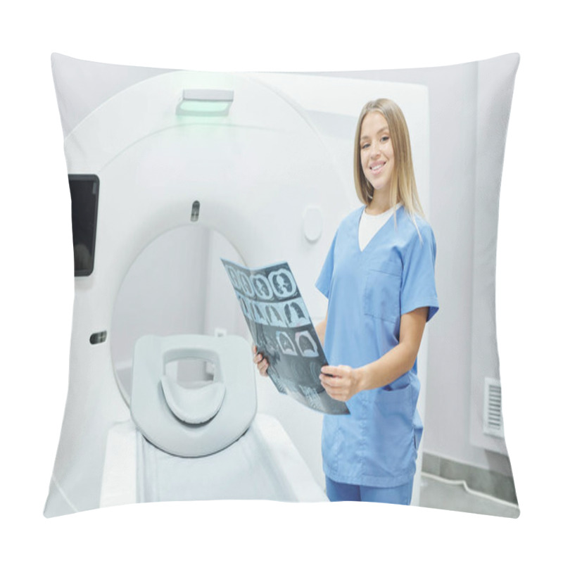 Personality  Happy Young Blond Female Radiologist In Blue Uniform Analyzing X-ray Image Of Patient Head Against Ultra Sound Machine In Medical Office Pillow Covers