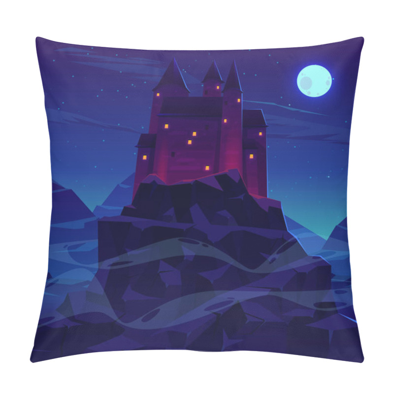 Personality  Mysterious Medieval Castle With Stone Towers Spires Illuminated Torches Fire And Glowing In Night Windows Cartoon Vector. Ancient Fortress, Dracula Vampire Shelter In Rocky Mountains Lit By Moonlight Pillow Covers