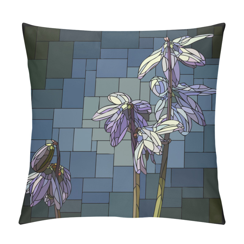 Personality  Vector Square Mosaic With Blooming Blue Chionodoxa Flower In Stained Glass Window. Pillow Covers