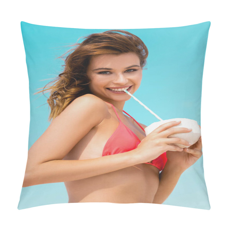 Personality  Smiling Beautiful Sexy Girl In Swimsuit With Coconut Drink Isolated On Blue Pillow Covers