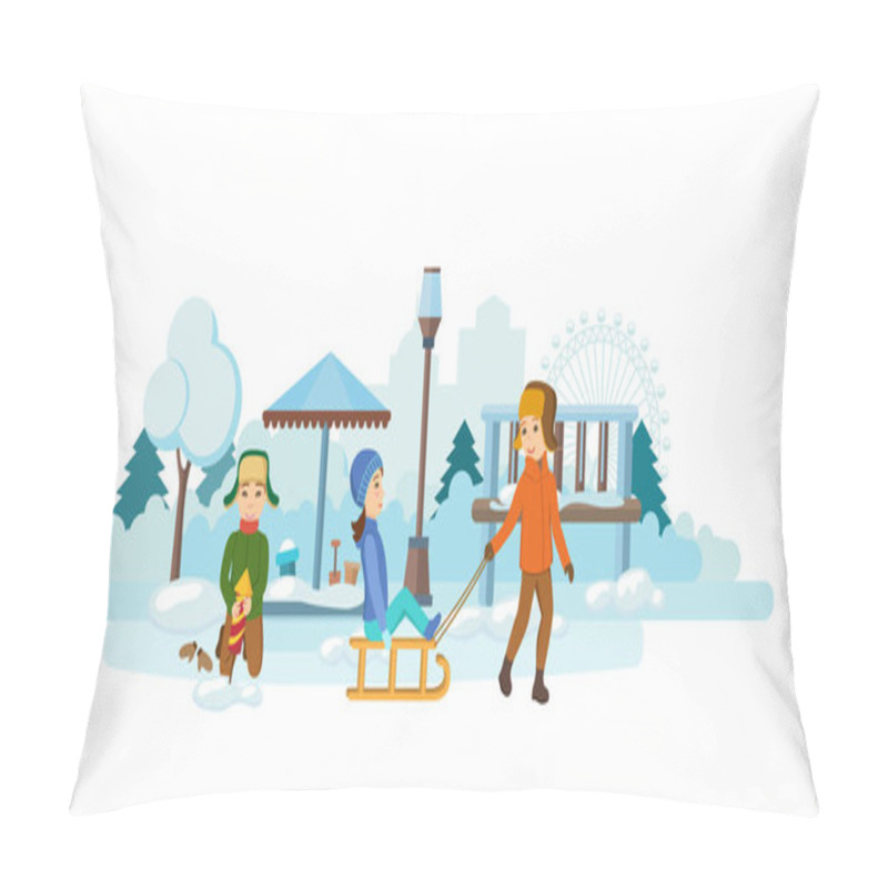 Personality  Children Play In The Playground, Setup Firework Rocket In Snowdrift. Pillow Covers