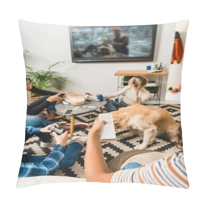 Personality  Cropped Image Of Group Of Multiethnic Teenagers Playing Video Game  Pillow Covers