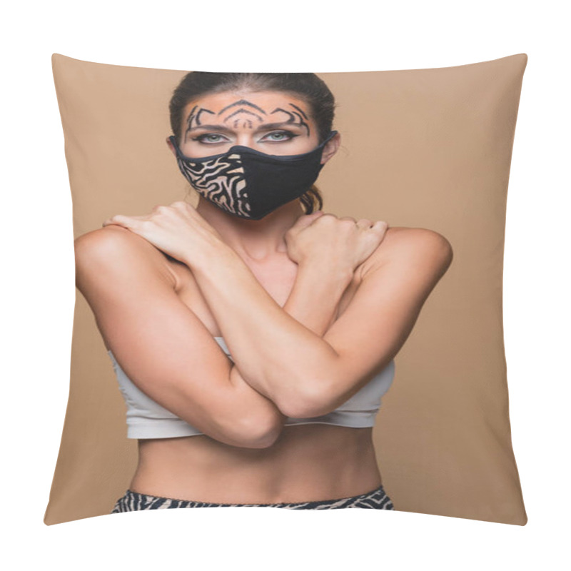 Personality  Woman With Tiger Makeup And Protective Mask Posing Isolated On Beige Pillow Covers