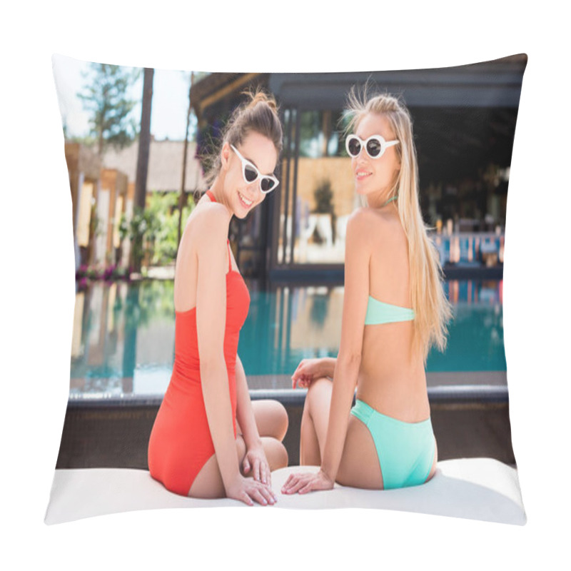 Personality  Rear View Of Attractive Young Women Relaxing On Sun Lounger At Poolside And Looking At Camera Pillow Covers