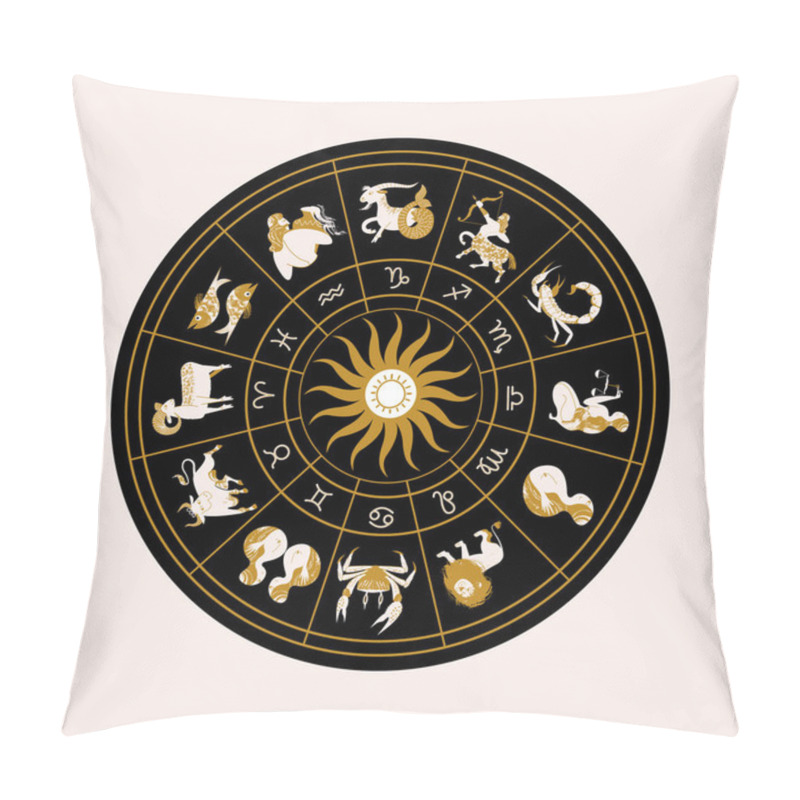 Personality  Horoscope And Astrology. Horoscope Wheel With The Twelve Signs Of The Zodiac. Zodiacal Circle. Zodiac Signs Aries, Taurus, Gemini, Cancer, Leo, Virgo, Libra, Scorpio, Sagittarius, Capricorn, Aquarius, Pisces. Vector Illustration. Pillow Covers