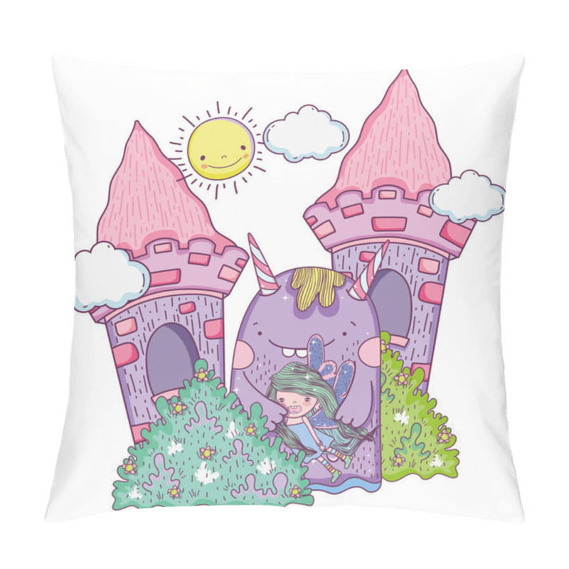 Personality  Little Fairy With Monster In The Castle Vector Illustration Design Pillow Covers