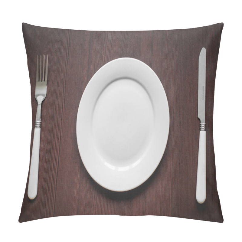 Personality  Empty Plate With Spoon And Fork On Wooden Background Pillow Covers