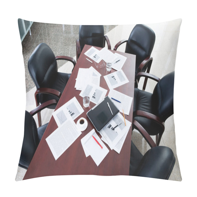 Personality  Empty Boardroom: Black Chairs Around Table With Business Objects On It Pillow Covers