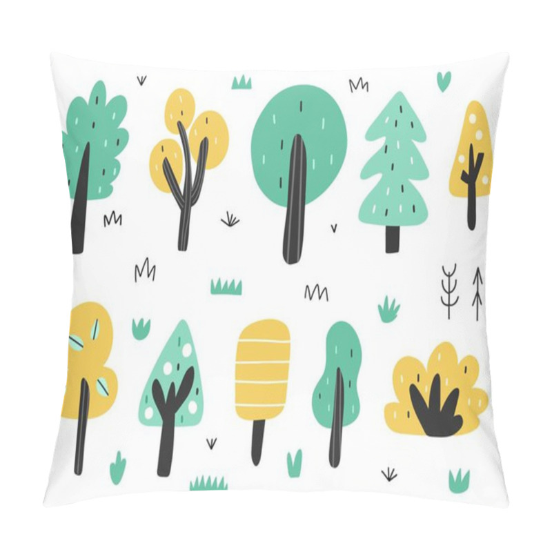 Personality  Cute Trees In Cartoon Style Collection. Forest Isolated Elements Set. Woodland Clipart On White Background. Nature Objects In Trendy Hand Drawn Style. Vector Illustration Pillow Covers