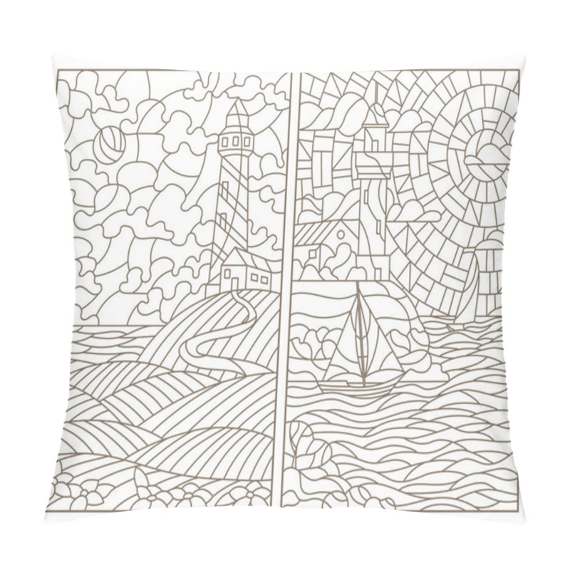 Personality  Set Contour Illustrations Of Stained Glass Seascapes, Lighthouses And Ships Pillow Covers