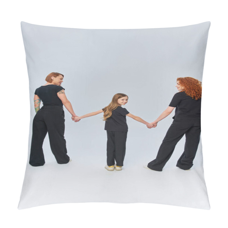 Personality  Three Generations, Happy Redhead Family Holding Hands And Standing In Matching Attire On Grey Pillow Covers