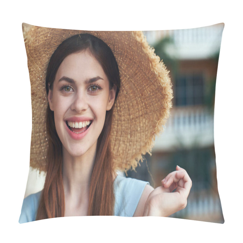 Personality    Young Woman In Straw Hat On Tropical Resort  Pillow Covers