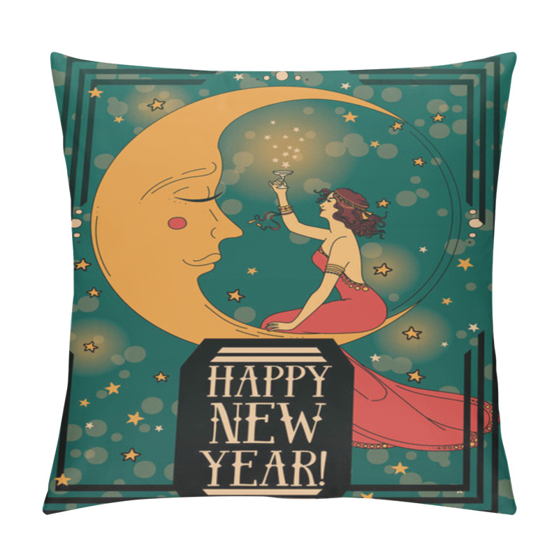 Personality  Card For Happy New Year In Art Deco Style Witn Crescent  And Retro Woman  Drinking Champagne, Vector Illustration Pillow Covers