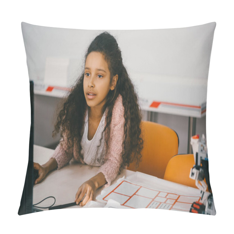 Personality  Concentrated African American Schoolgirl Working With Computer At Machinery Class Pillow Covers