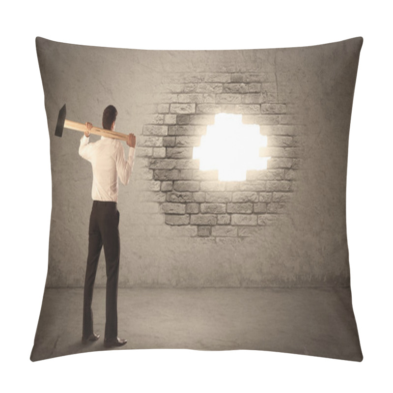 Personality  Business Man Hitting Brick Wall With Hammer And Opening A Hole Pillow Covers