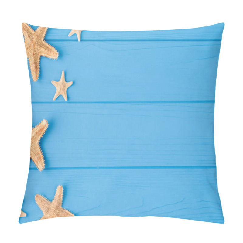 Personality  Top Above Overhead View Close-up Photo Of Starfish Placed To The Left Side Isolated On Blue Wooden Background With Copyspace Pillow Covers