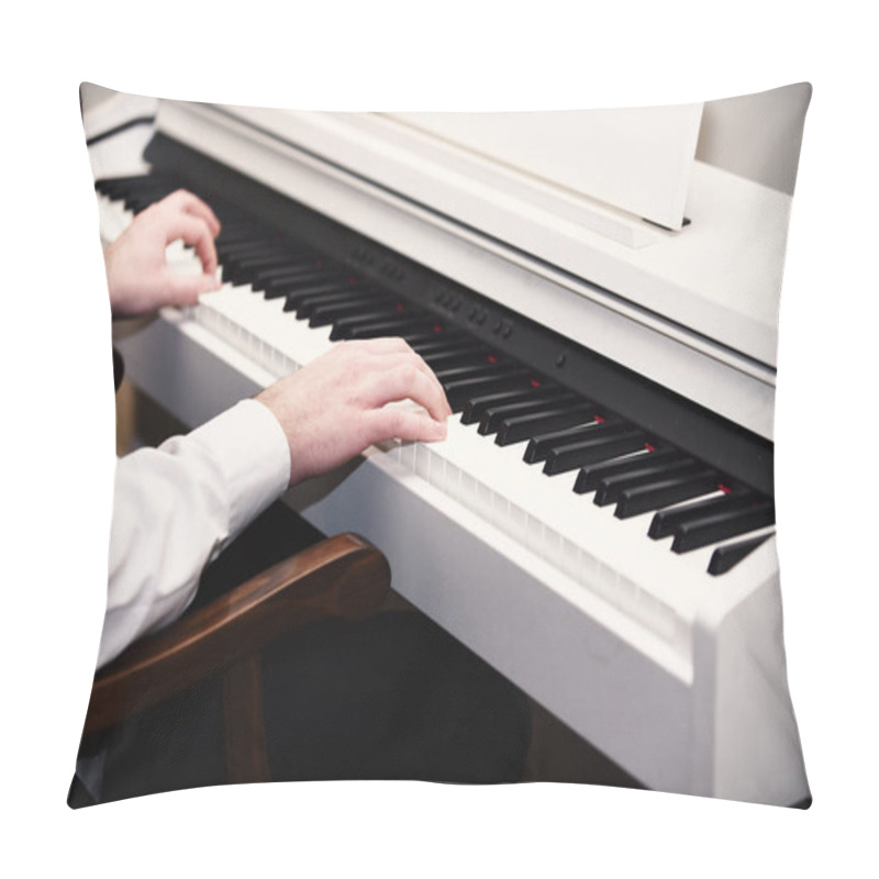 Personality  Male Hands Creating Music On White Piano Background Pillow Covers