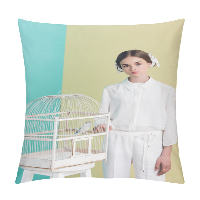 Personality  Fashionable Attractive Girl In White Outfit With Parrot In Cage, On Turquoise And Yellow Pillow Covers