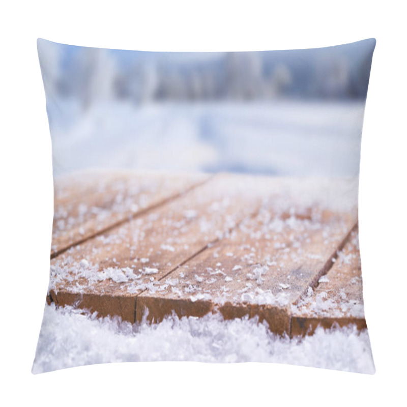 Personality  Wooden Table Top Covered In Snow With A Christmass, Winter And S Pillow Covers