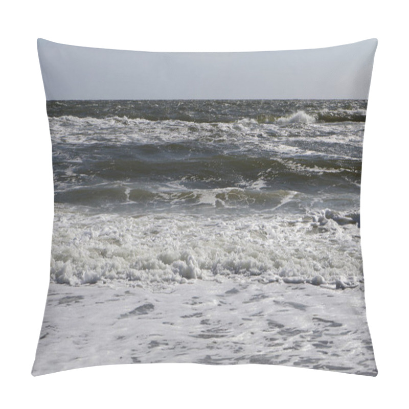 Personality  Dynamic Ocean Waves Crashing On The Sandy Shoreline Under A Bright Blue Sky, Capturing The Beauty Of The Sea's Energy And Movement. Pillow Covers