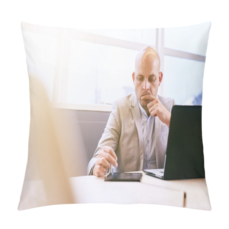 Personality  Professional Business Man Working On His Portable Tablet And Computer Pillow Covers