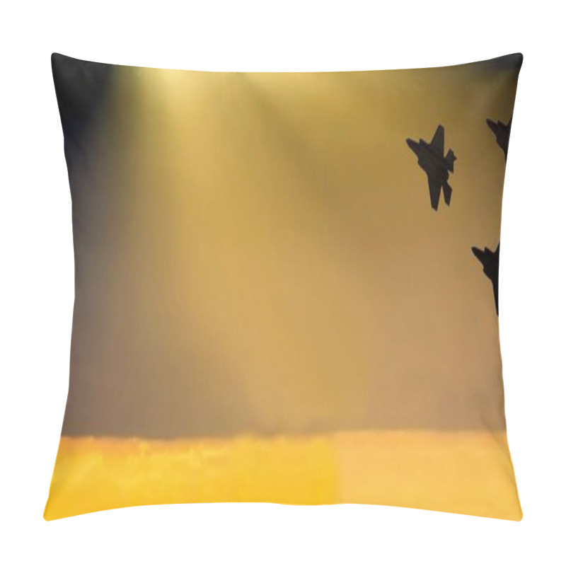 Personality  Silhouettes Of Three F-35 Aircraft On Sunset Sky Background Pillow Covers