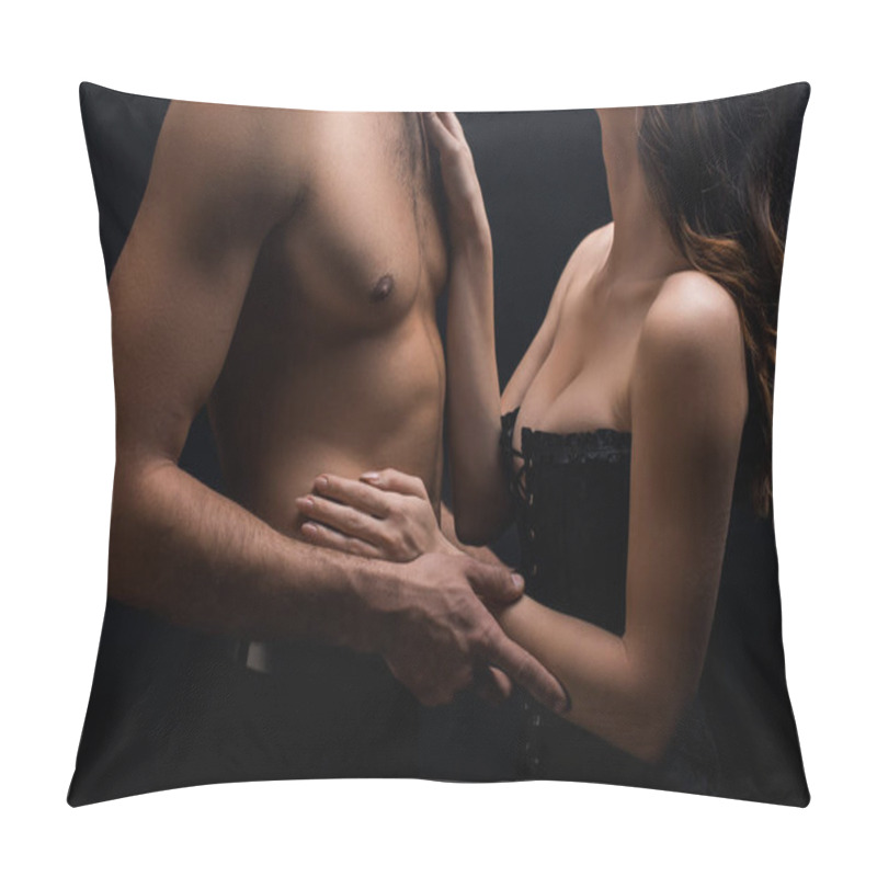 Personality  Cropped View Of Sexy Woman In Corset Touching Shirtless Man Isolated On Black Pillow Covers