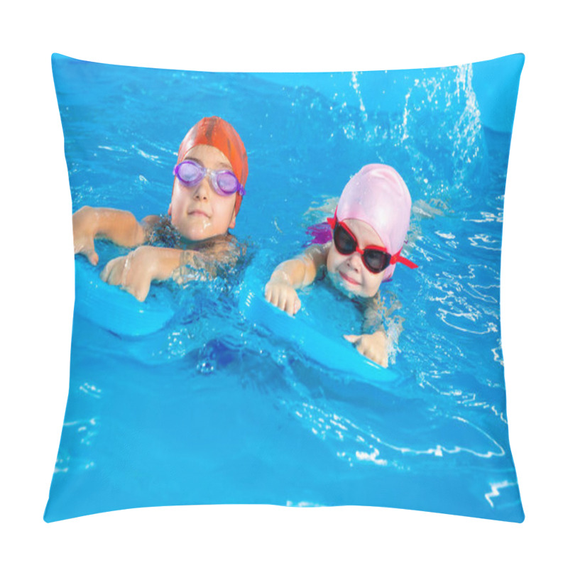 Personality  Two Little Girls Having Fun In Pool Learning How To Swim Using Flutterboards Pillow Covers