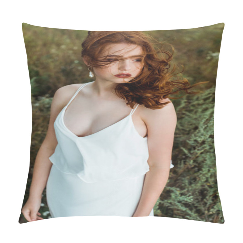 Personality  Pretty Young Woman In White Dress Standing Outside Pillow Covers