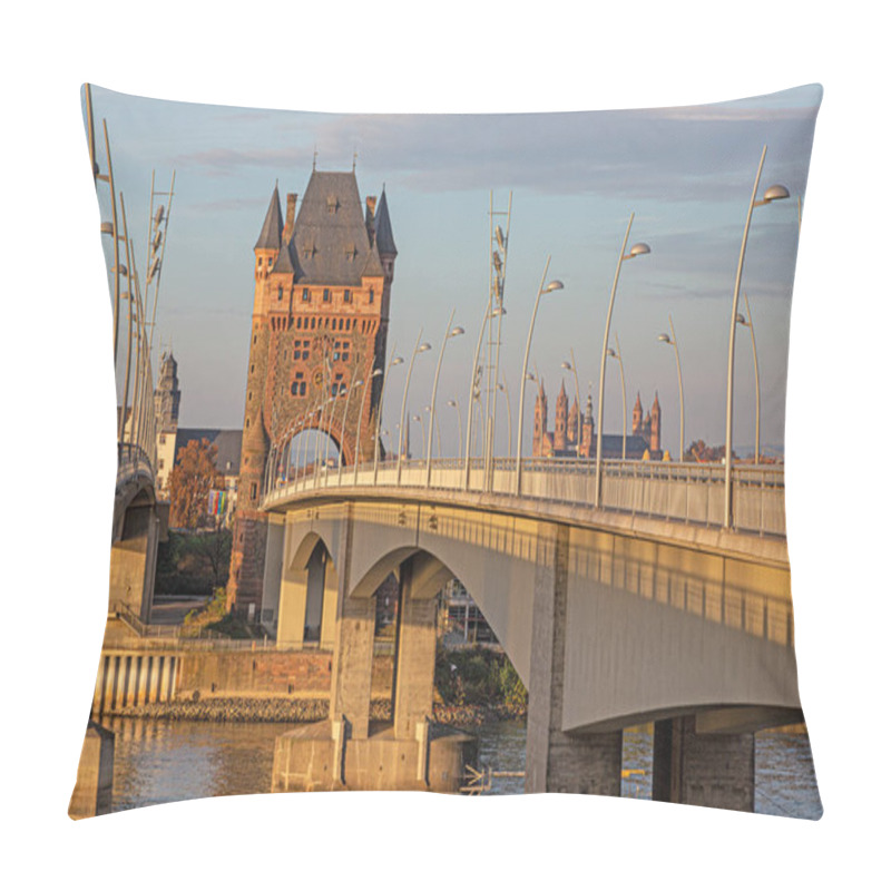 Personality  View Of The Nibelungen Tower And Nibelungen Bridge In Worms During Sunrise Without Traffic And People Pillow Covers