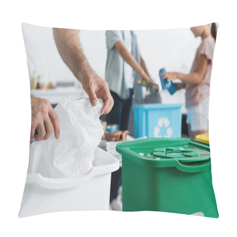 Personality  Cropped View Of Man Holding Plastic Bag Near Blurred Kids And Trash Cans At Home  Pillow Covers