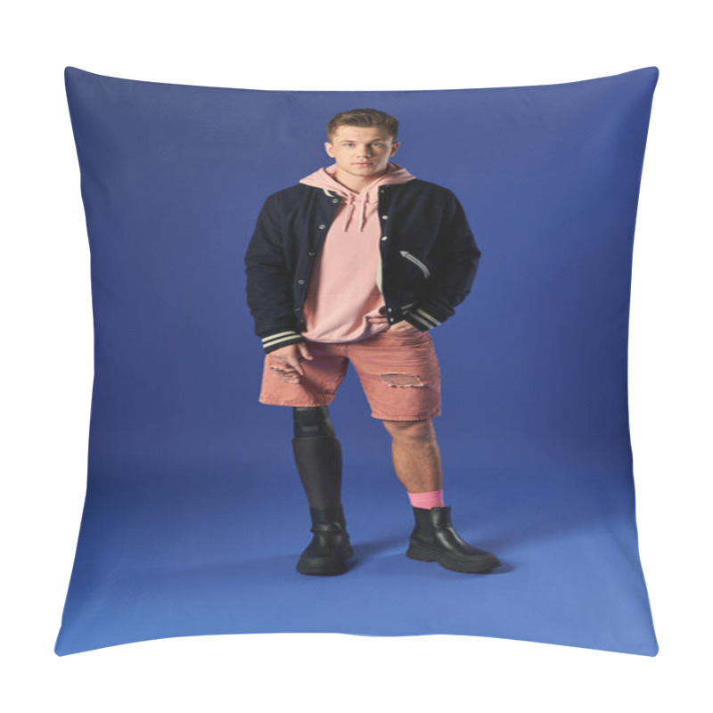 Personality  Young Man In Casual Wear Shows Off His Prosthetic Leg Against A Bright Blue Background. Pillow Covers