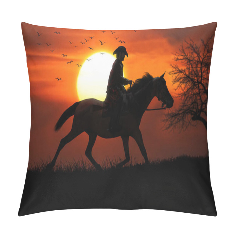 Personality  Cowboy And His Trusted Horse Riding Off Into The Sunset. 3d Rendering Pillow Covers