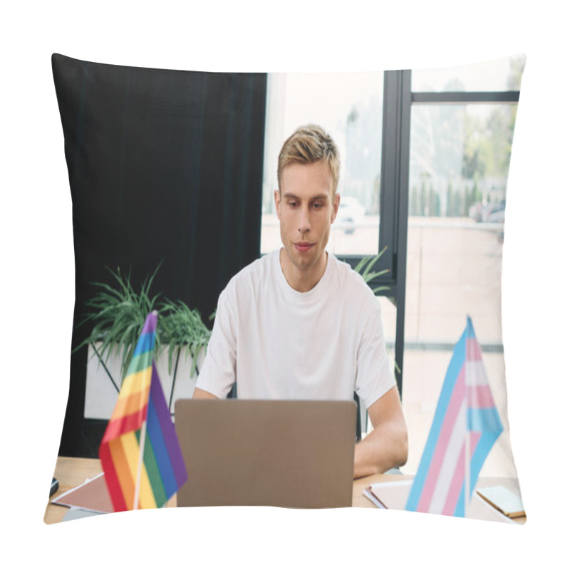 Personality  Appealing Blonde Man In Casual Attire Working In Office. Pillow Covers