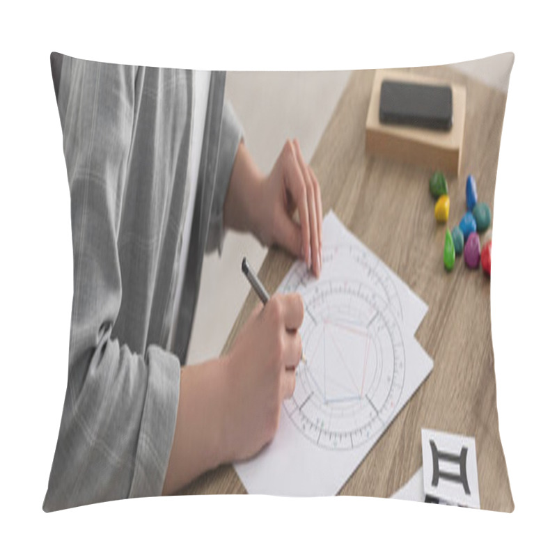 Personality  Cropped View Of Astrologer Drawing Natal Chart By Cards With Zodiac Signs On Table, Panoramic Shot Pillow Covers