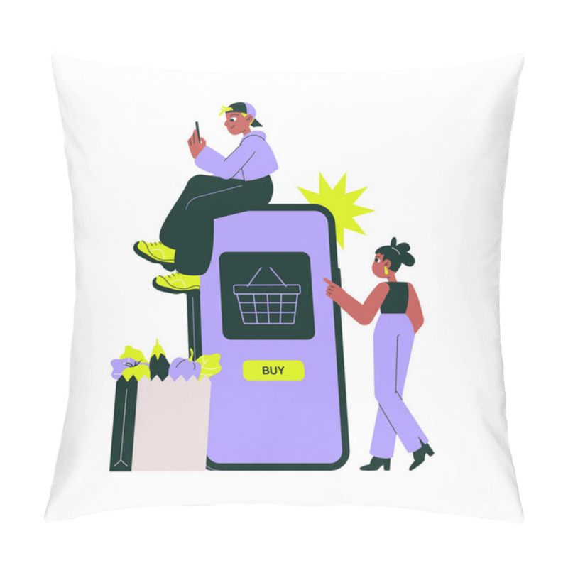 Personality  Male Character Sitting On A Smartphone Displaying A Shopping Cart Icon And Female Character Pointing At It, With Shopping Bags Nearby, Symbolizing E Commerce And Digital Shopping. Pillow Covers