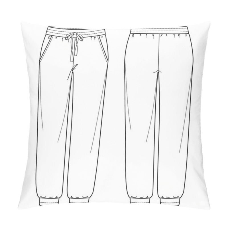 Personality  Vector Unisex Jogger Fashion CAD, Woman Sweatpants With Side Pockets Technical Drawing, Template, Sketch, Flat. Jersey Or Woven Fabric Trousers With Front, Back View, White Color Pillow Covers